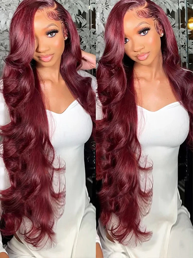 

Glueless 13x4 99J Burgundy Lace Front Wig Body Wave Colored Transparent 7x5 Lace Wig Peruvian Lace Frontal Wig Human Hair Wigs