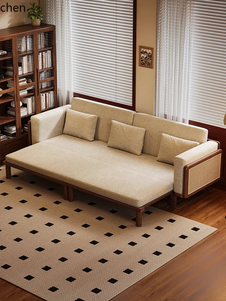 L31 Solid Wood Couch Household Living Room Small Apartment Retro Simple New Sofa Bed Dual-purpose Push-pull Bed