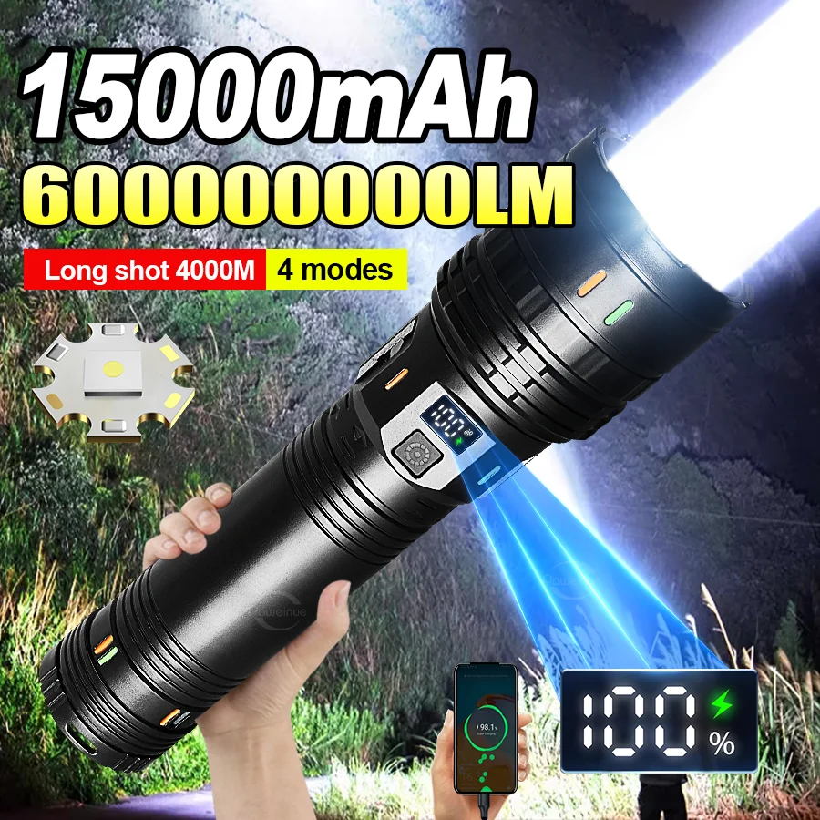 2026 NEW 15000mAh Ultra Powerful LED Flashlight Super Bright Rechargeable Portable Tactical Torch Outdoor Fishing Camping Lanter
