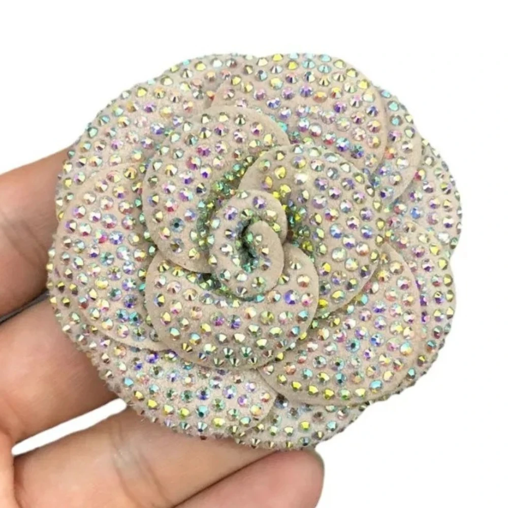 

6.6CM High-End Luxury Rhinestone Flower Applique Fabrics Sheep Suede Leather for Women Wedding Party Jewelry Accessories Gift