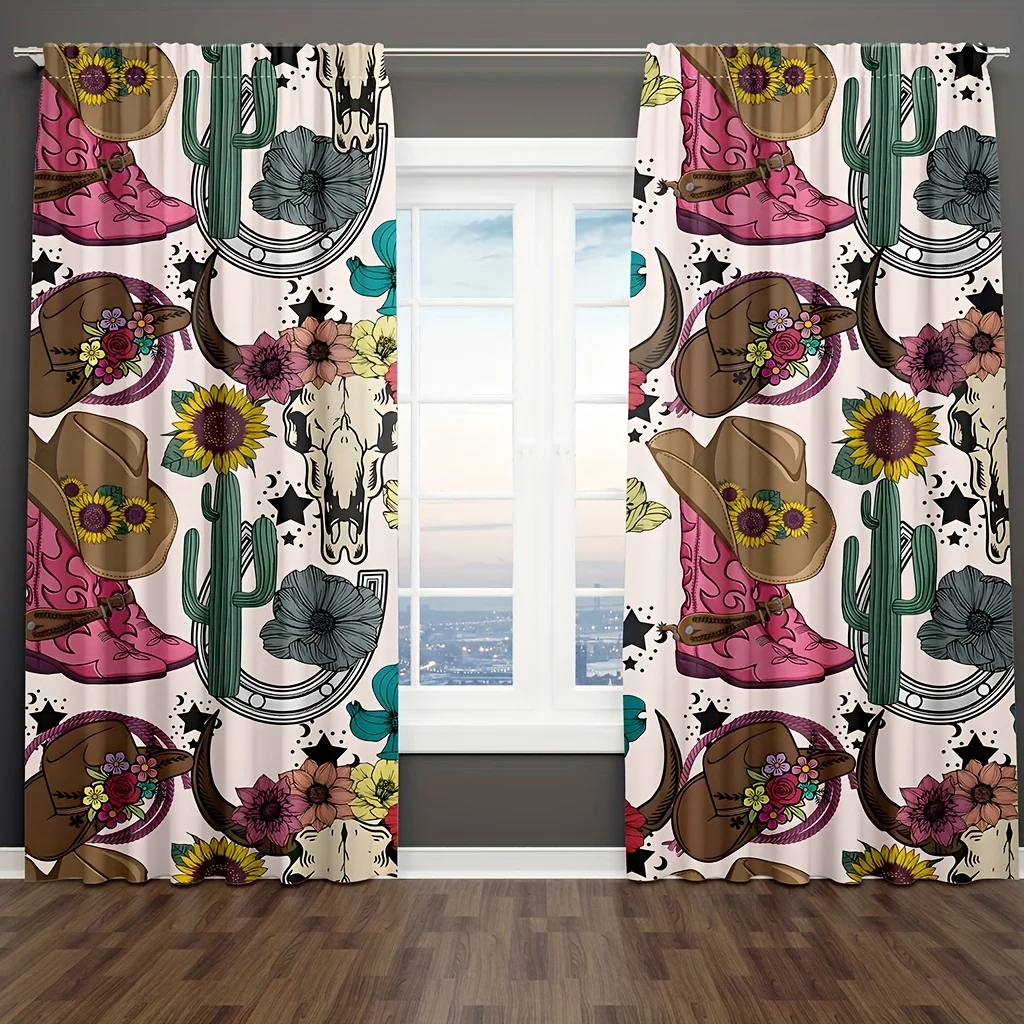 Cowgirl Boots Cactus Curtain Western Floral Skull Print Drape Country Style Window Treatment for Living Room Bedroom Home Decor