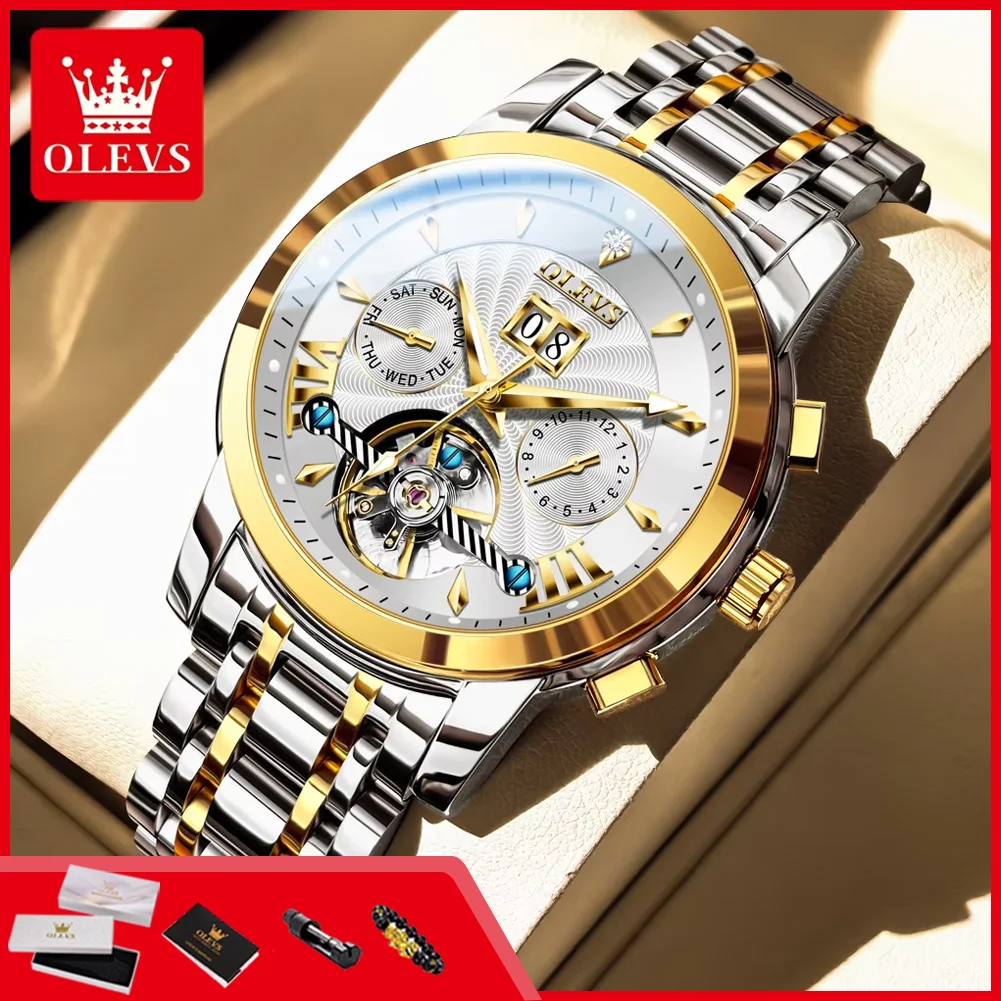 

OLEVS 9965 Skeleton Man Watch Stainless Steel Waterproof Luminous Calendar Multifuncation Automatic Mechanical Wrist Watches Men