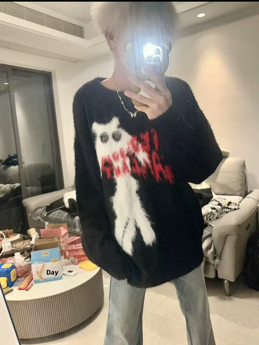 

Оверсайз свитер в американском стиле, вязаный, свободный, с круглым вырезом, для пар, осенне-зимняя новинка