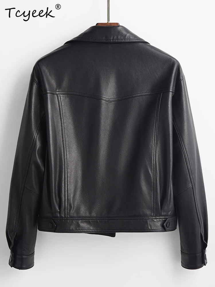 Tcyeek リアルシープスキン女性レザージャケット春秋長袖スーツの襟黒機関車レザージャケットチャケータクエロ