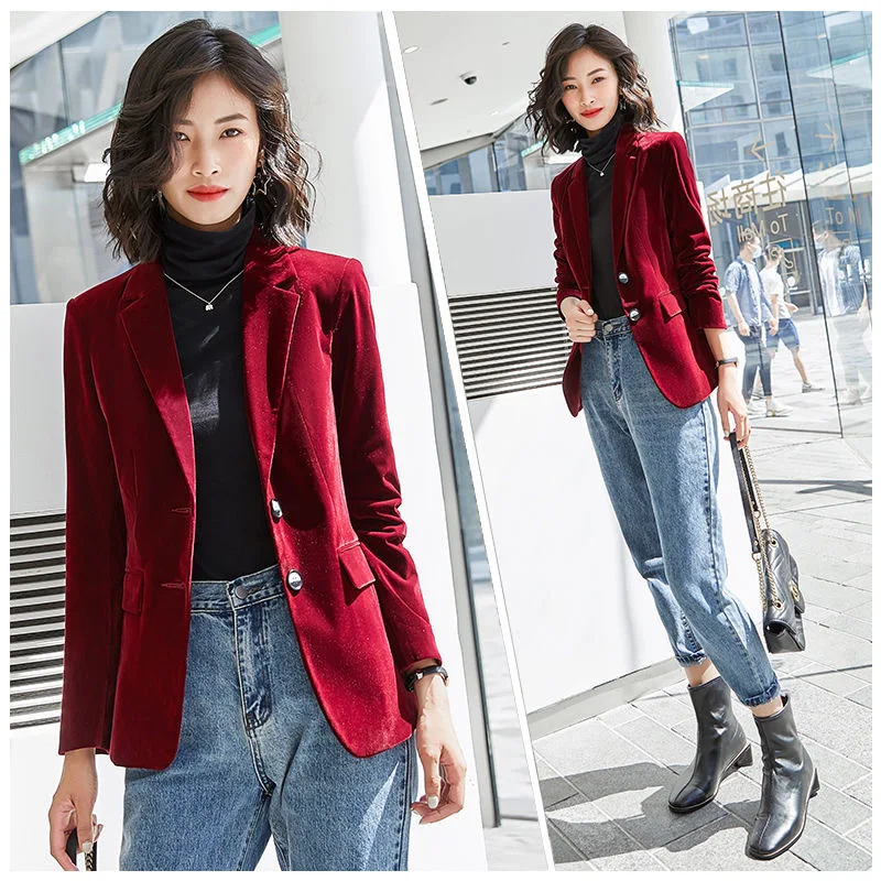 Giacca elegante in velluto dorato a due bottoni per donna primavera autunno versione coreana cappotto in velluto a maniche lunghe con colletto