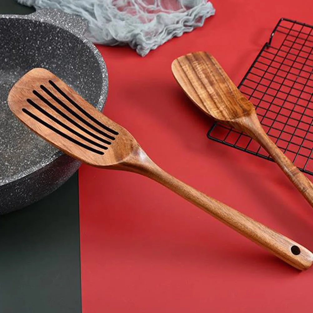 2Pcs Wooden Spatula Set Non-Stick Kitchen Utensil Heat-Resistant Long Handle Cooking Tool Creative Design Hanging Hole