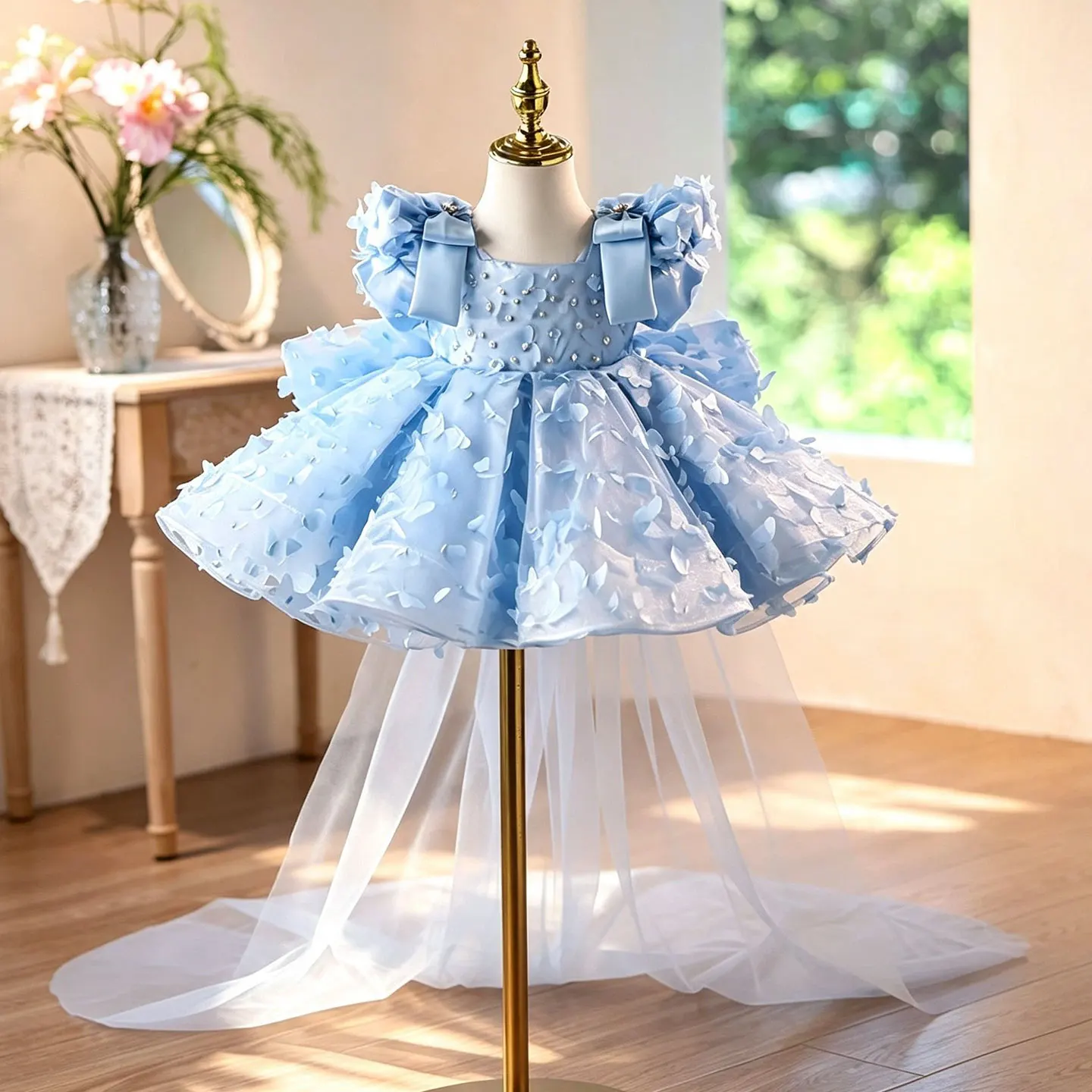 Dreamy Vow D293 Puff Bow Pearl 3D Butterfly Tulle Trailing Kids Flower Girl Dress Blue Wedding Birthday Pageant Princess Formal