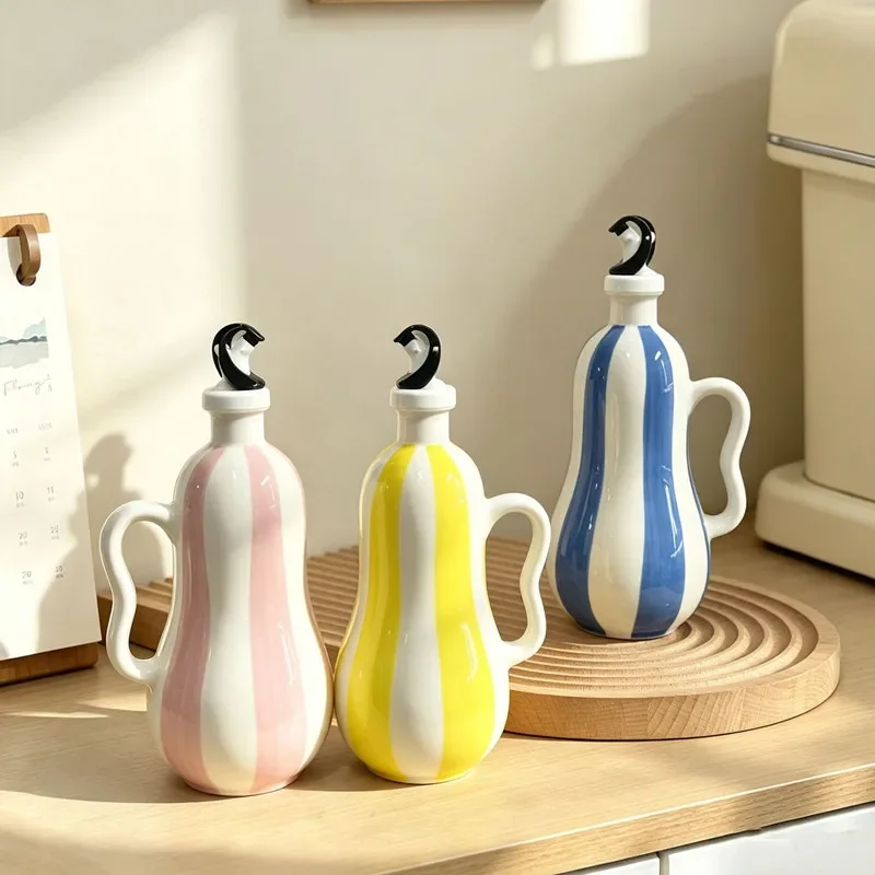 Hand Drawn Colorful Striped Ceramic Oil Bottle, Vinegar Pot, Salt Shaker，Olive Oil Bottle, Spice Jar, Kitchen Seasoning Tool