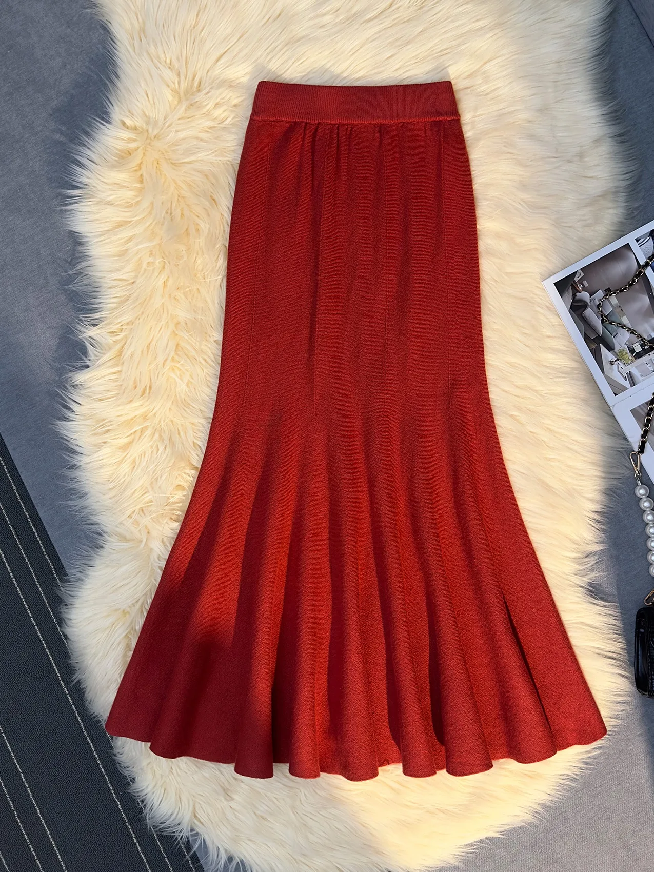 Thiened malha fi cauda f saia com camisola comprimento médio envoltório em torno da saia cintura alta coreano sle commute mistura de poliéster