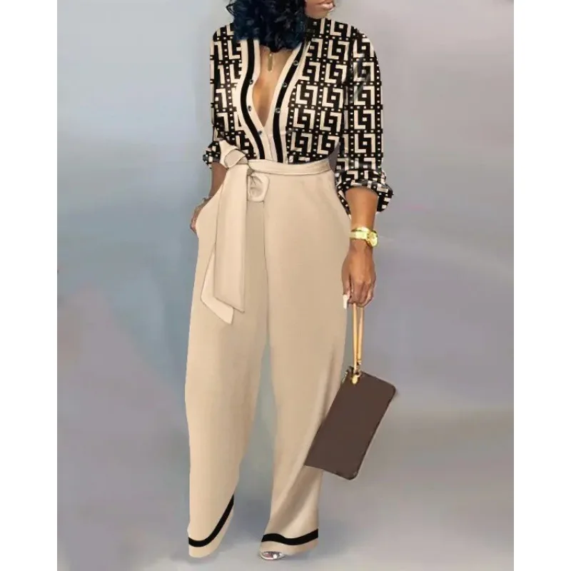 

V-neck High Waist Sexy Mature Office Lady Jumpsuit Spring Long Sleeve Print Belt Elegant Women's Loose Casual Straight Jumpsuit