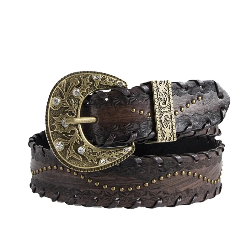 Designer Retro Distressed Threaded Rivet Embossed Coffee Colored Waistband Western Cowboy PU Leather Belt Jeans  Accessories