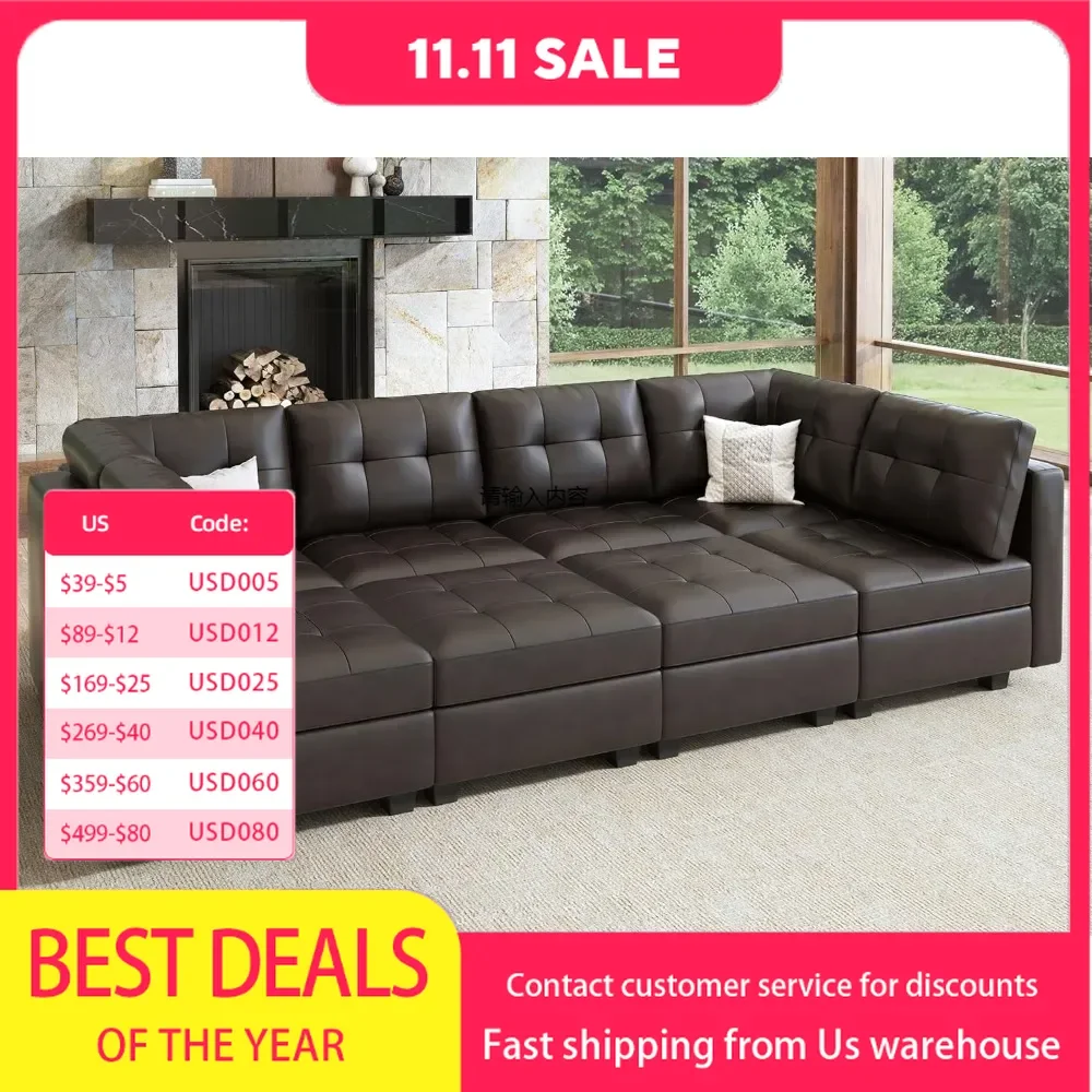 Modular sectional sofa bed with storage, large sectional sofa, faux leather, 8-seater sofa bed modular for living room leather