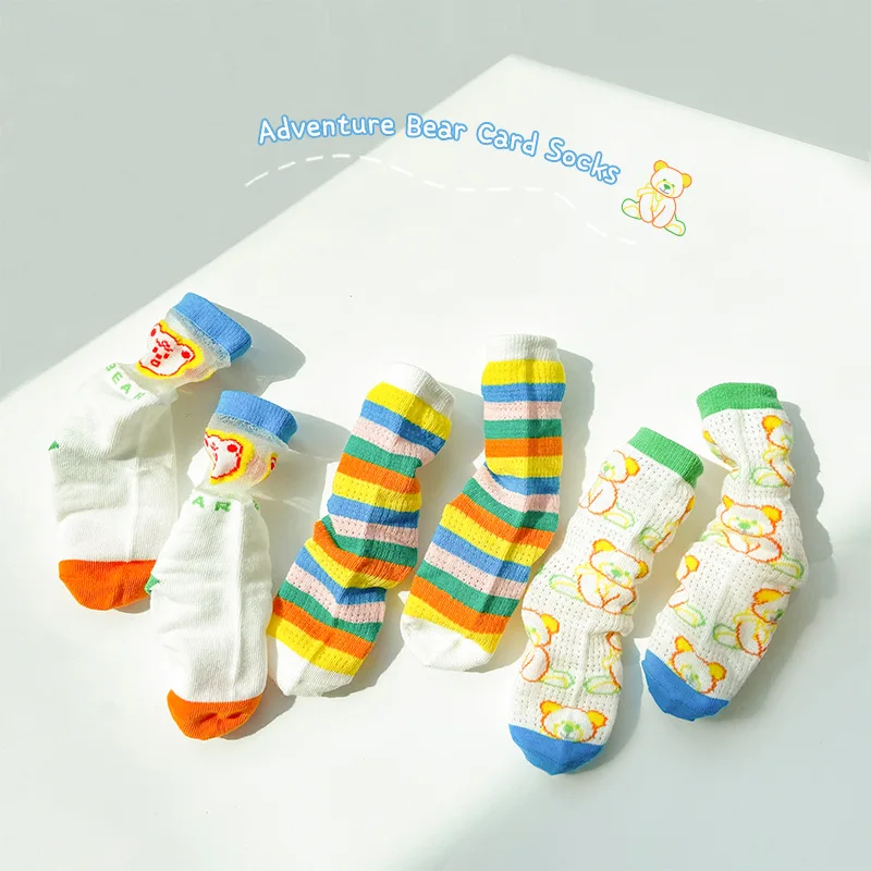 

Children Rainbow Bear Socks Summer Cotton With Mesh Socks Boys Girls 3 Pairs Thin Socks