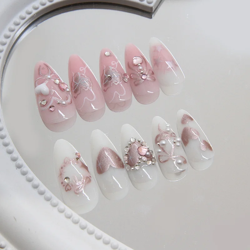 Simpatico fiocco dolce Stampa sulle unghie Set di unghie finte Unghie artistiche artificiali Manicure per dita per donne e ragazze