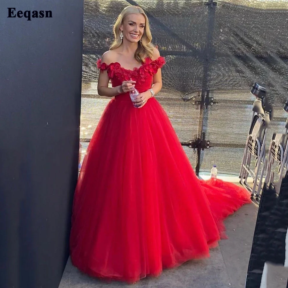 Eeqasn – robe de soirée rouge à fleurs 3D, ligne A, en Tulle, épaules dénudées, robe de mariage de célébrité