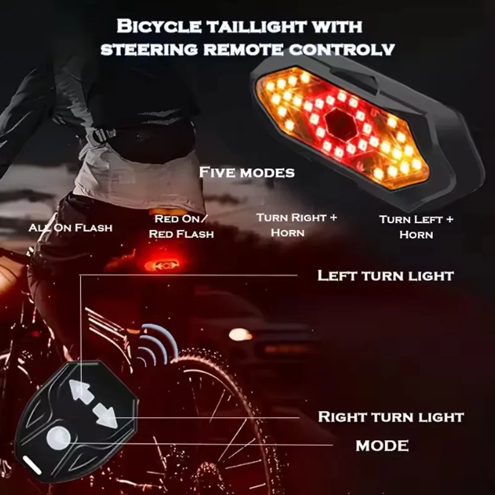

Bicycle Turn Signal, Bicycle Taillight, Intelligent Multi-mode Remote Control, USB Charging Indicator, Safety Light