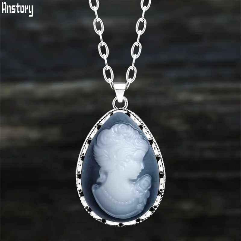 

Vintage Water Drop Gray Lady Queen Cameo Necklace For Women Antique Silver Plated Flower Pendant Fashion Cameo Necklace