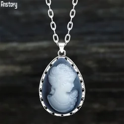 Vintage Water Drop Gray Lady Queen Cameo Necklace For Women Antique Silver Plated Flower Pendant Fashion Cameo Necklace