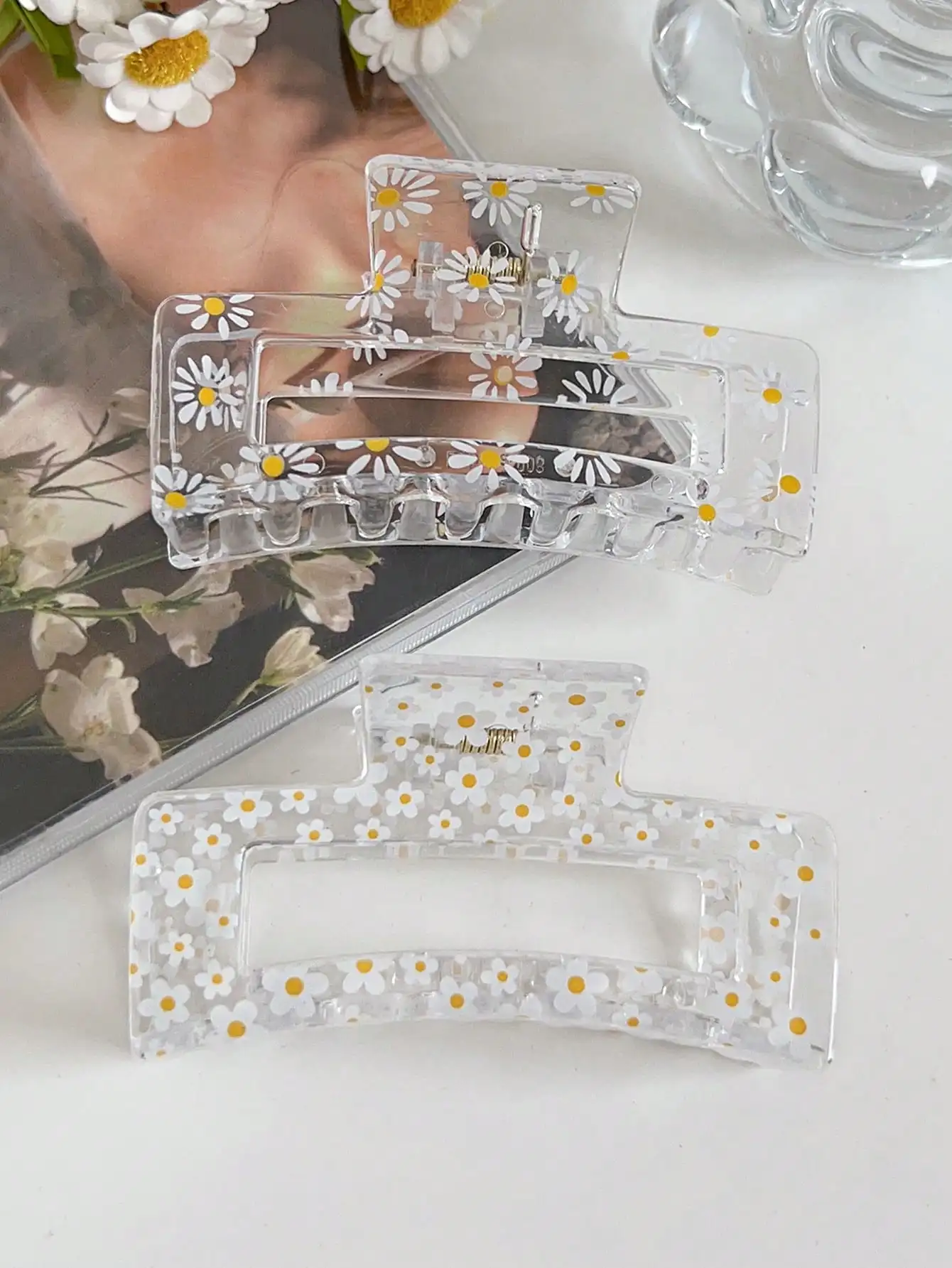 

2pcs/Set Spring/Summer ABS Bohemian Style Daisy Flower Splice Large One-Piece Hair Claw, Peach Pink, Sweet Forest Beach Vacation Hair Accessories Flower Hair Clips Fashion Hair Claw Clips Autumn Accessories Fall Winter,Holiday,Travel,Festival,Party