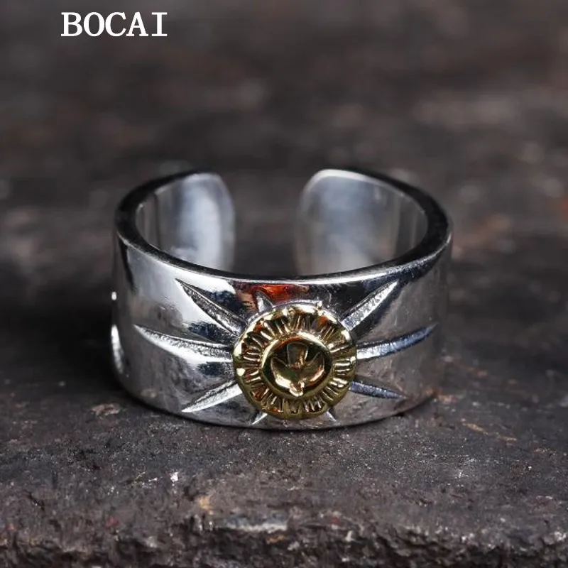 BOCAI New S925 Sterling Silver Vintage Personalized Fashion SunStar Men's and Women's Open-end Rings