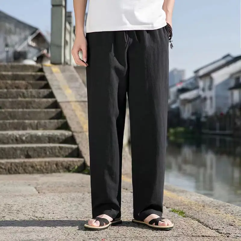 New Japanese spring and autumn cotton and linen wide leg pants Chinese retro men\'s pants oversized loose straight leg pants