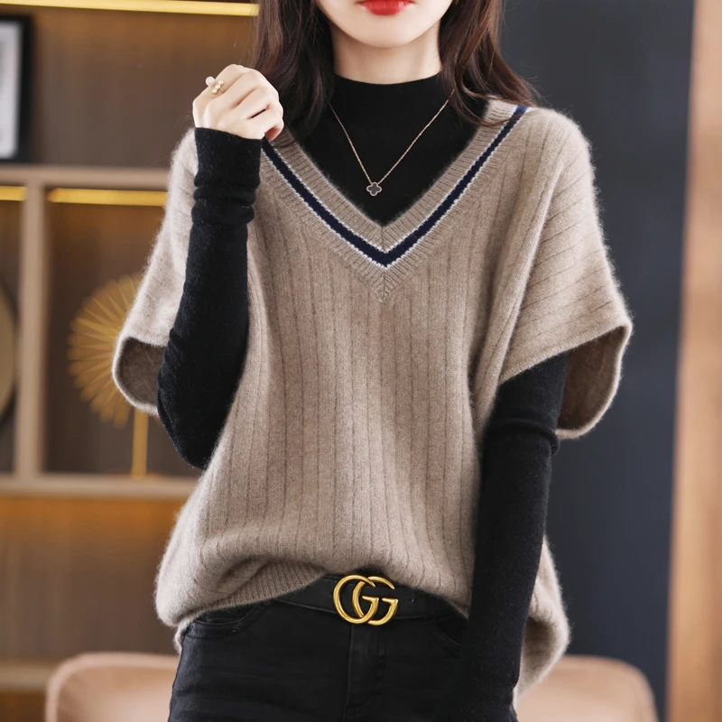 Korean Fashion Casual Temperament V-neck Vest Women Color Blocking Spring New Bat Sleeves Loose Versatile Wool Knit Shoulder Top