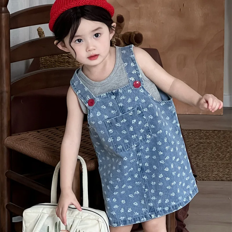 

Girls Skirt 2025 Summer New Childrens Clothing Korean Wind Girl Baby Lovely Flower Print Denim Skirt Casual Daily Simple