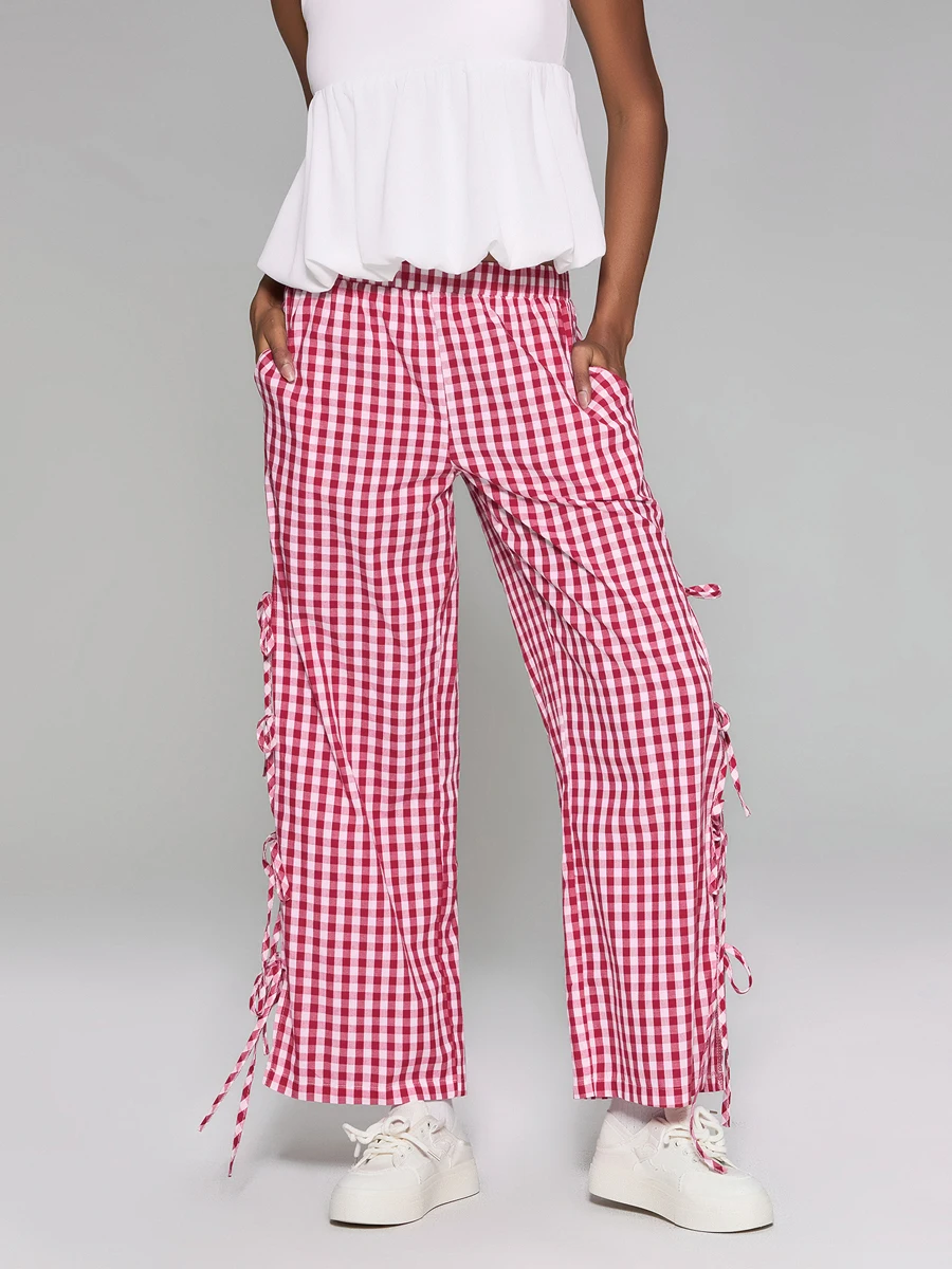 Women Wide-Leg Pants Plaid Side Tie-Up Loose Trousers Spring Summer Casual Sweatpants Bottoms