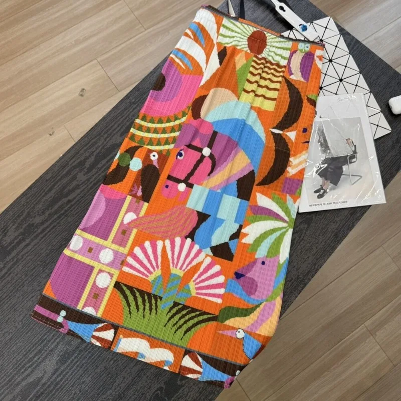 Miyake Pleated Printed Skirt Plisse 2026 Summer New Elastic Waist Jupe Slim High Waist Mid-Length Skirt Pleats Textured Design