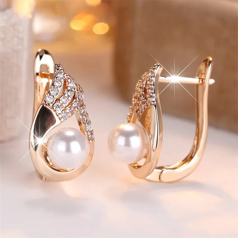 Round Simulated Pearl White Zircon Hoop Earrings for Women Vintage Gold Silver Color Ear Buckle Wedding Jewelry Versatile Gifts