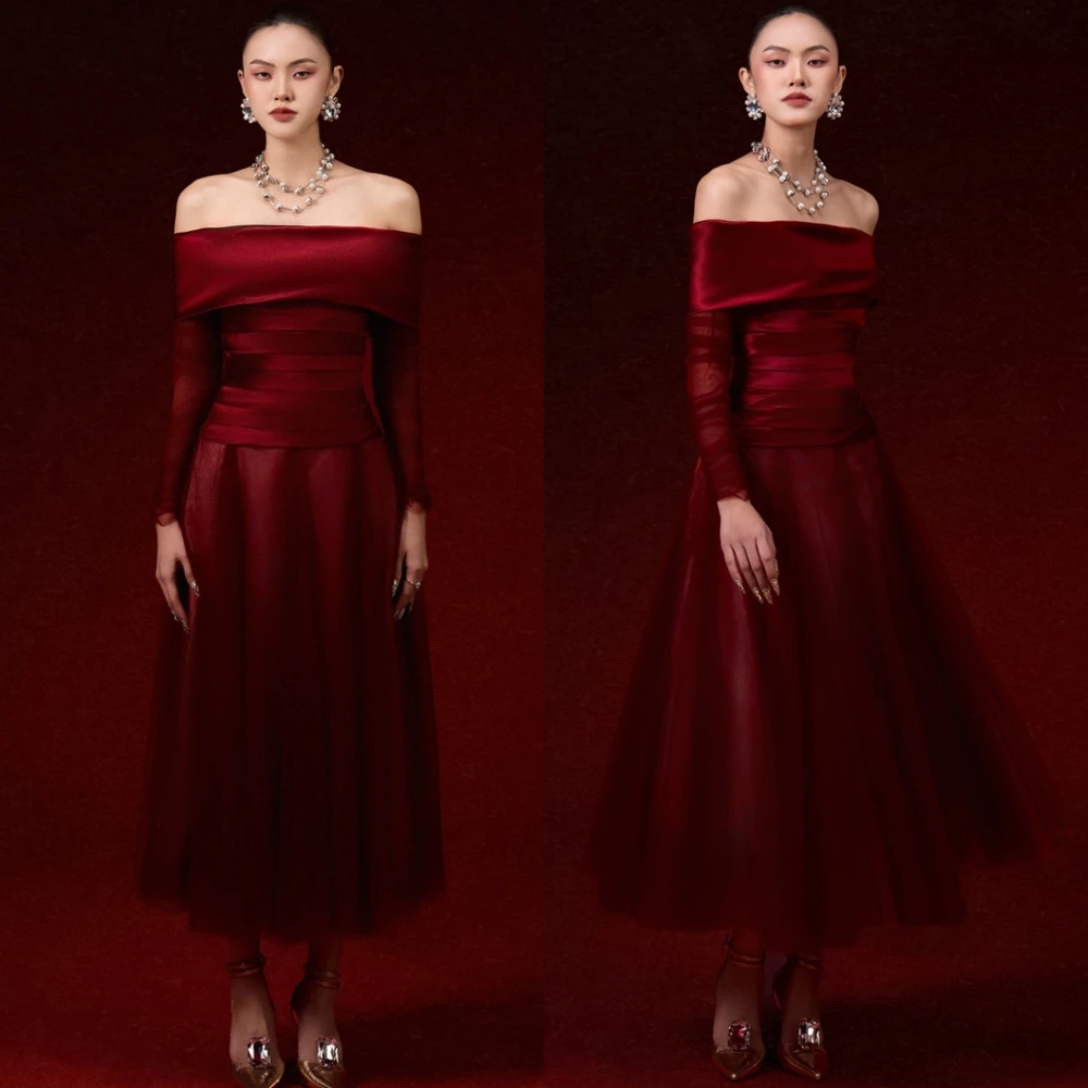 Moda personalizada organza a linha vestido de noite clássico barco pescoço vestidos de baile temperamento vestidos de ocasião especial