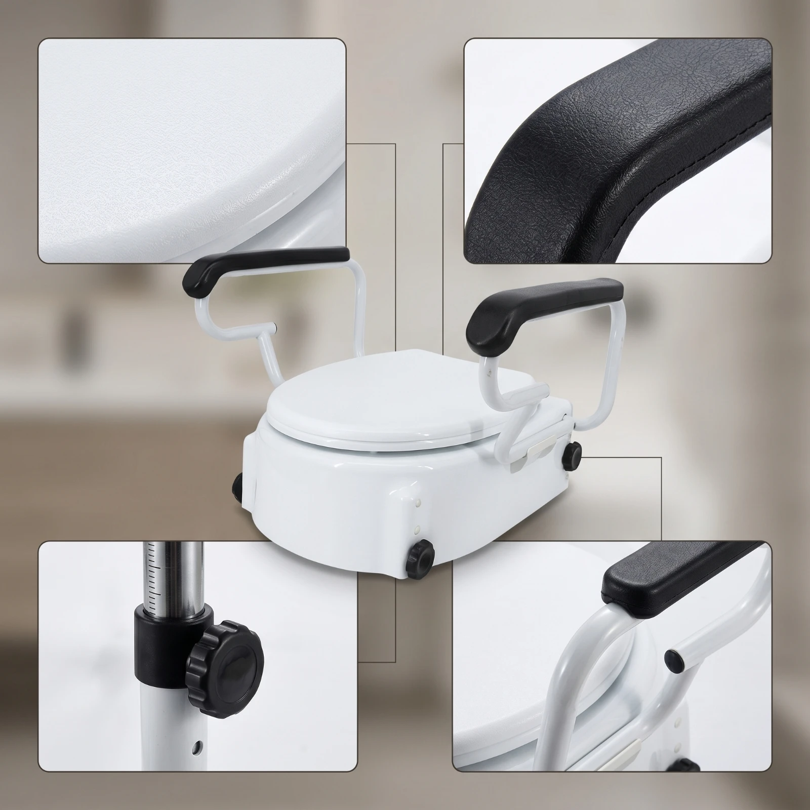 Toilet Seat Riser with Armrests Height-Adjustable Raised Toilet Seat with Handrails Heavy-Duty Comfortable for Elderly