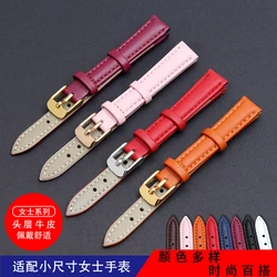 12 14 16 18 20mm Genuine Leather Watchband Soft Material Watch Band Wrist Strap Orange red women With gold Color Stainless Steel