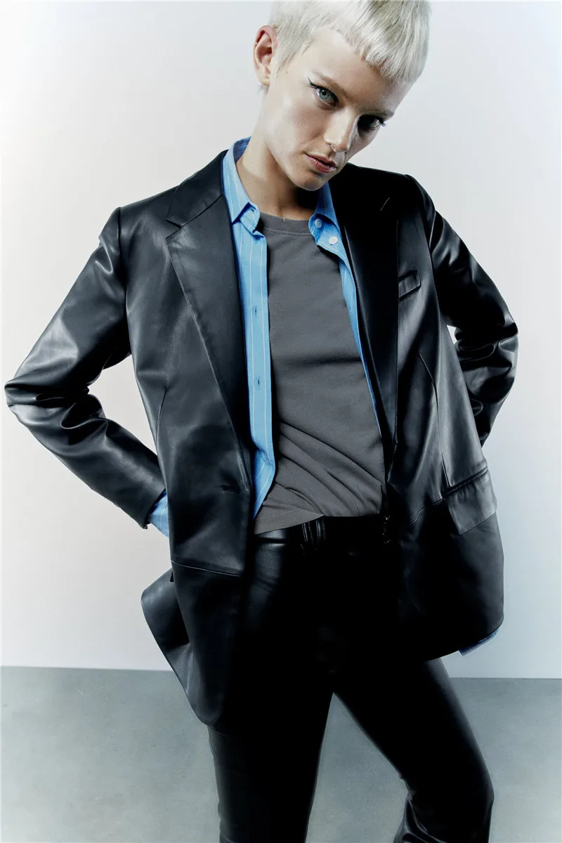 Abito da donna casual in ecopelle neutra Sle Jaet vestibilità ampia lungo cappotto in pelle PU con chiusura a bottone singolo