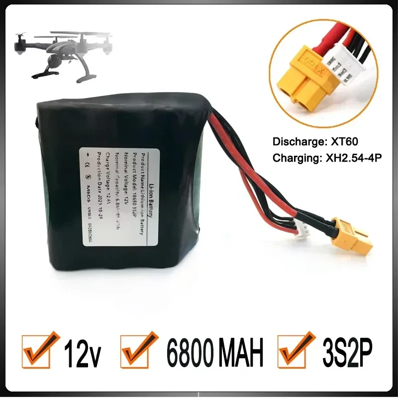 

3S2P 12V 6800mAh Rechargeable Li-ion Battery 6.8Ah for Various RC Airplane Quadrotor， Connector XH2.54+XT60