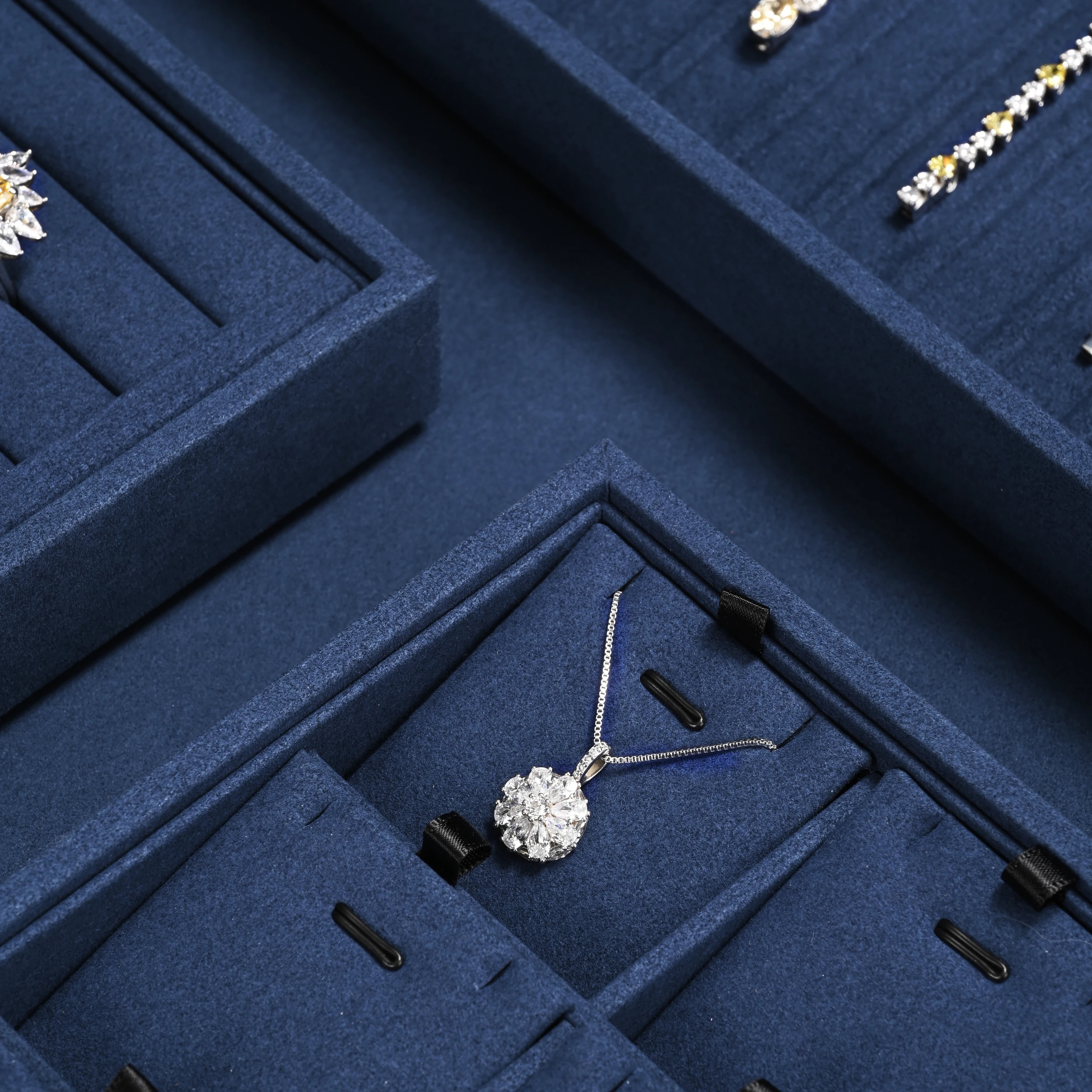 Oirlv Navy Blue Velvet Necklace and Pendant Storage Display Tray - 24Compartment Organizer with Slot Design for Jewelry Showcase