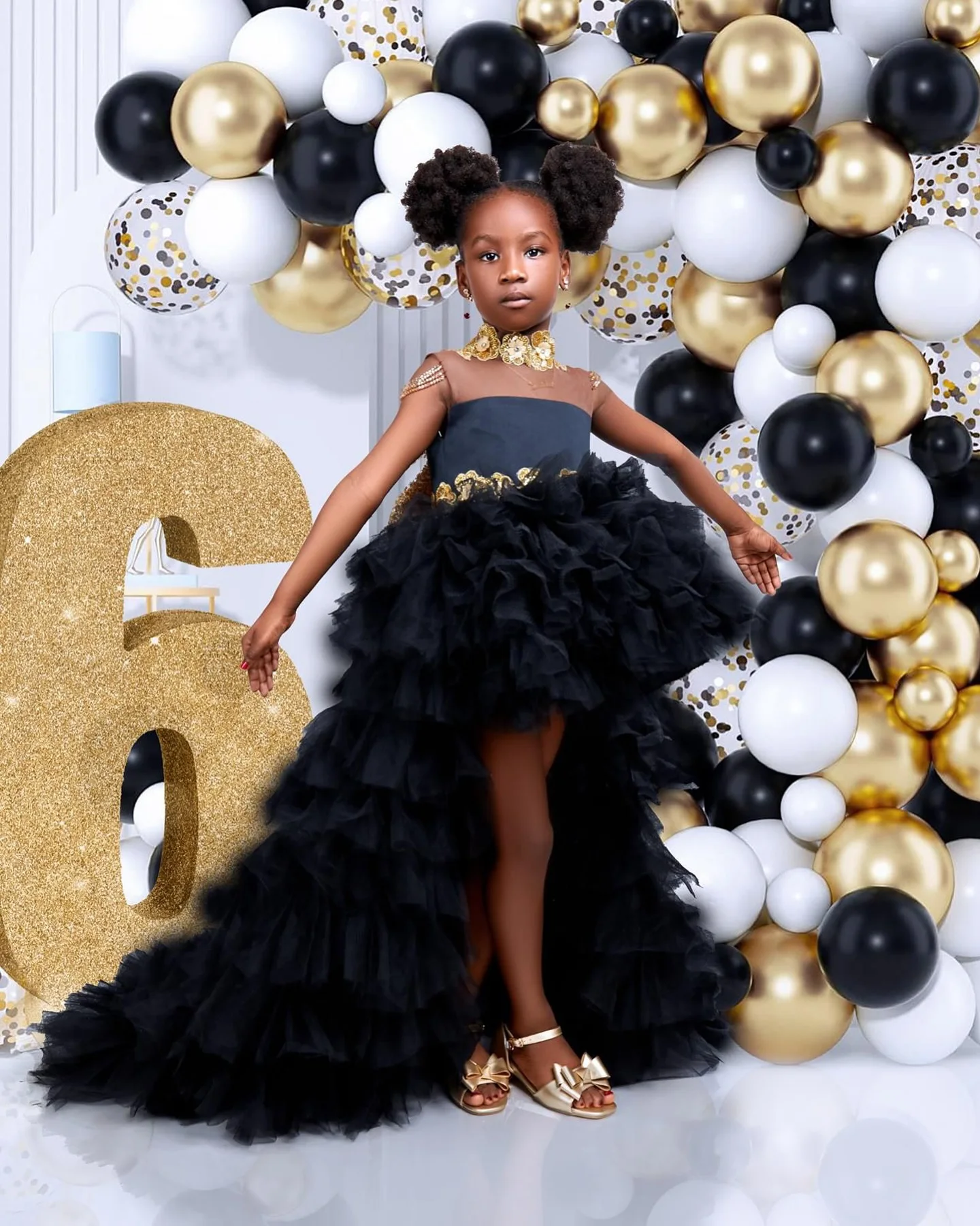 Black High Low Kids Birthday Party Dresses Bow Back Ruffles Flower Girl Dresses for Wedding Baby Girls Prom for Photoshoot