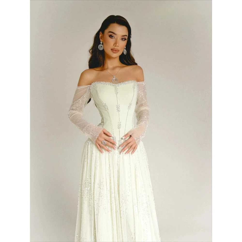 Exquisite Boat Neck Cap Sleeve A-Line Prom Dress, Fashion Crystal Sequins, Draped Floor-Length Wedding Dress, Customizable.