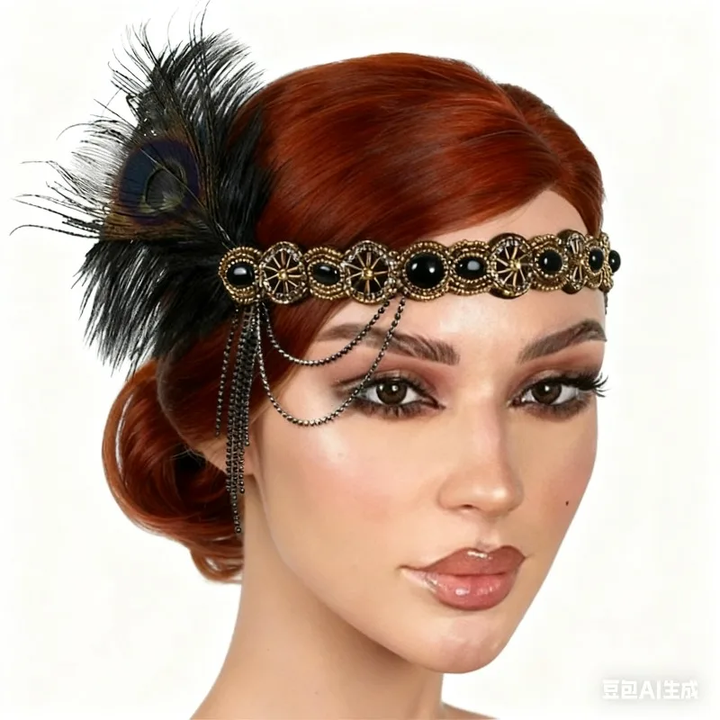 

Повязка на голову 1920-х годов, ревущая головная повязка в стиле Гэтсби 20-х годов, повязка на голову с черными перьями, аксессуары для волос 1920-х годов