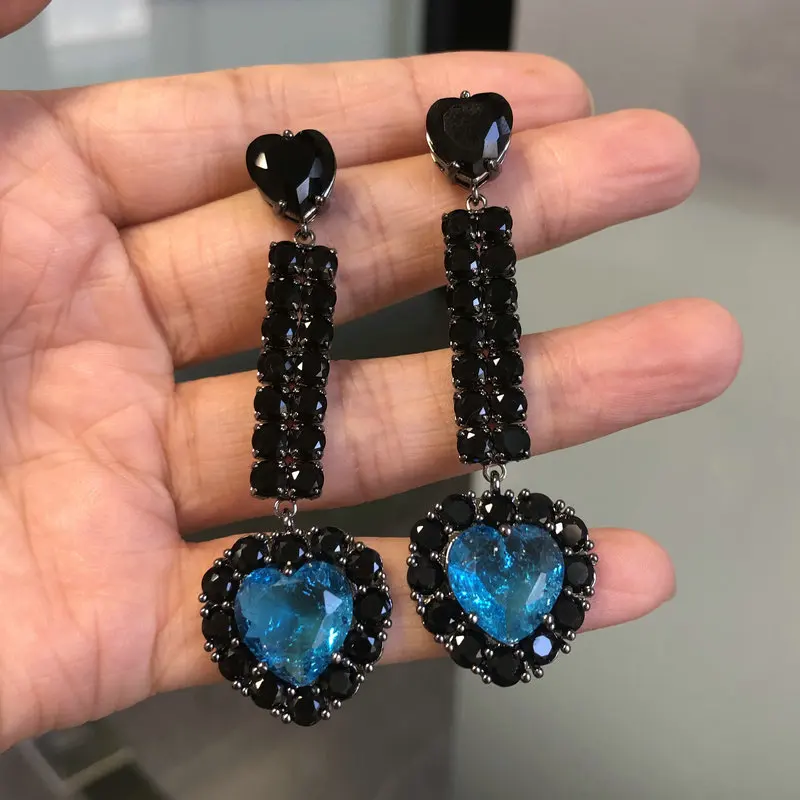 Bilincolor Fashion Long Black Zirconia and Blue Heart Earring for Women