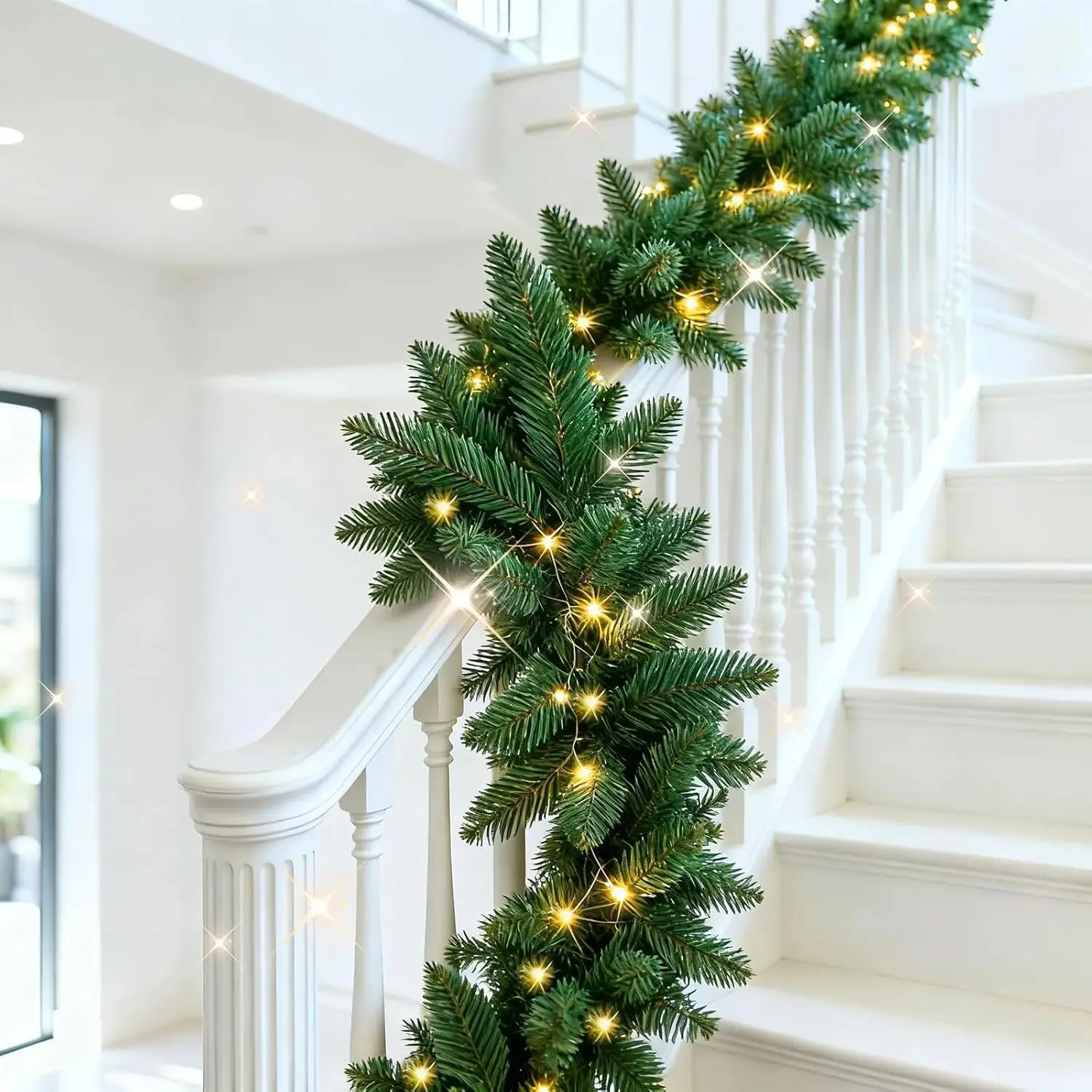 

2-Pack 9FT Pre-Lit Christmas Garland with Timer - Battery Operated Indoor/Outdoor Pine Garland for Stairs