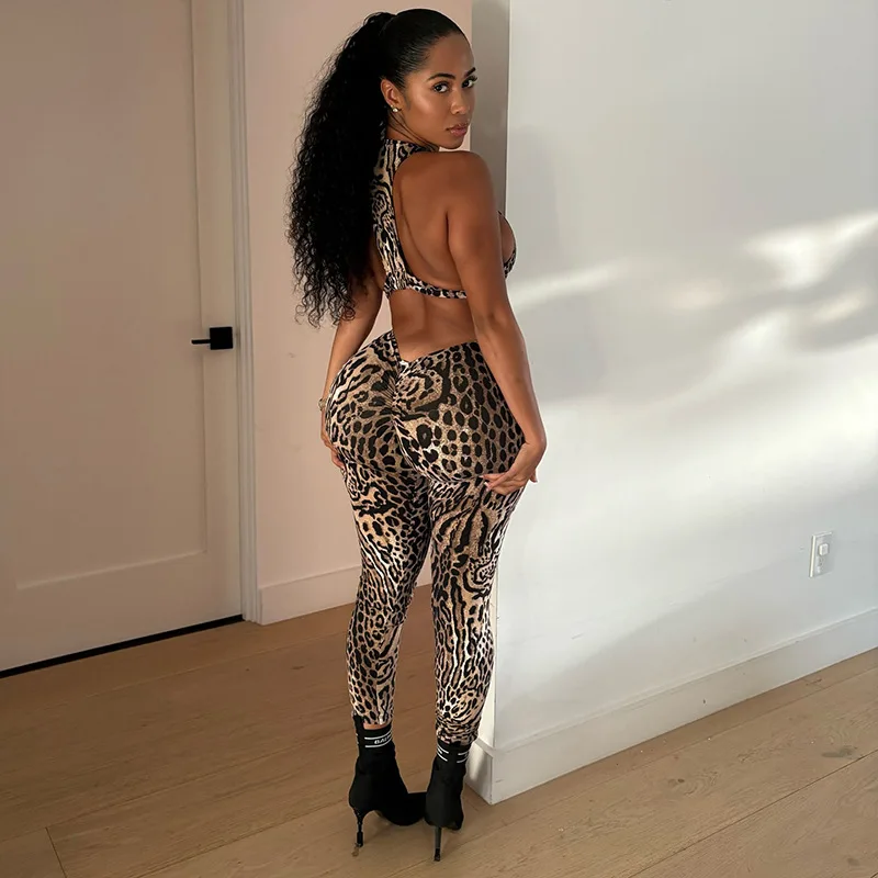 DSMTRC Women Coquette Summer Trend Playsuits Club Activity Sleeveless Fitness Stretch Workout Overalls Leopard Printed Jumpsuits