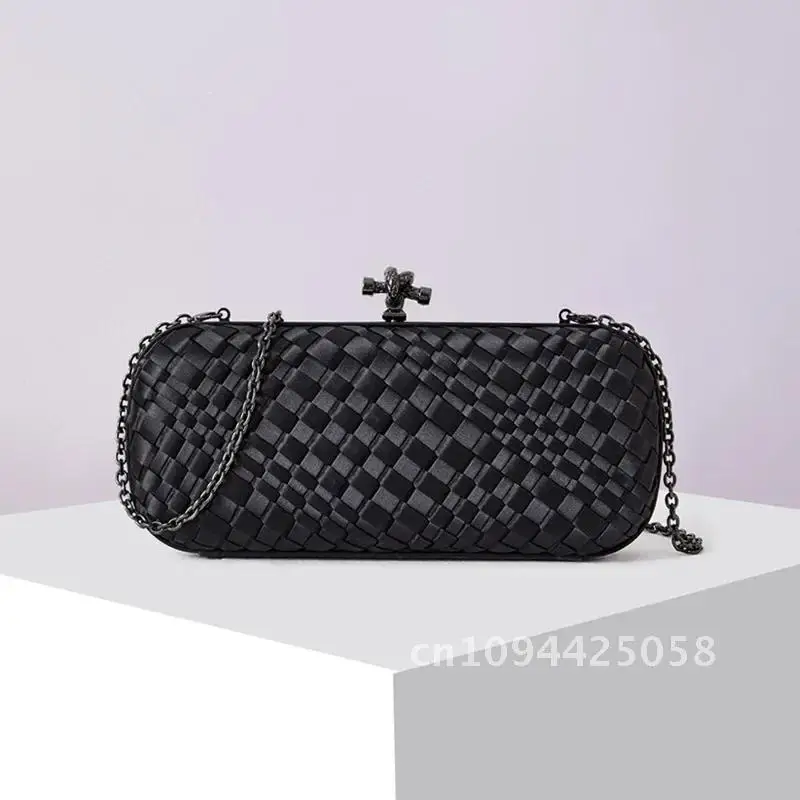 

Personality Irregular Woven Clutch Bag Elegant Silk Satin Briad Evening Purse Fashionable Black Hand Bags with Crossbody Chain