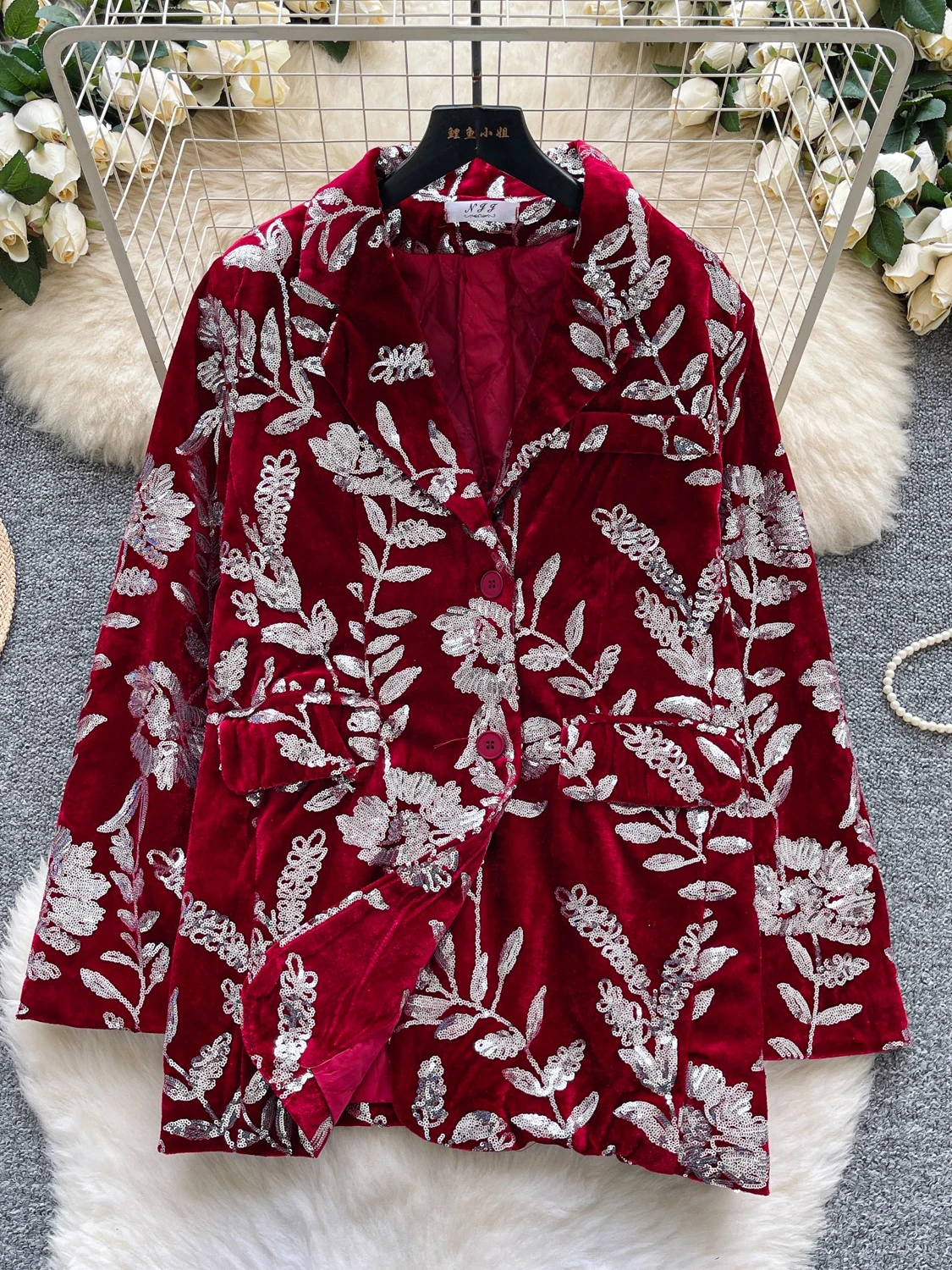 

Faionable Heavy Embroidery Sequin Velvet Casual Loose Women's Suit Jaet Winter New Sle 2025 Trendy Long Sve Coat