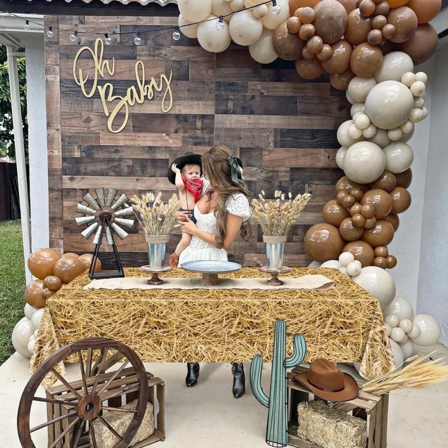 2Pcs Straw Tablecloths and 2Pcs Wood Grain Tablecloths Rectangular Straw Wood Grain Table Decorations for Farm Party Cowboy Wes