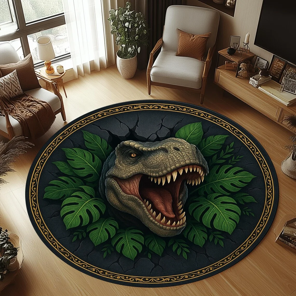 Runder Dinosaurier-Teppich für Wohnzimmer, Schlafzimmer und Spielbereich, maschinenwaschbarer Teppich für Camping, Veranda, Outdoor-Fußmatte
