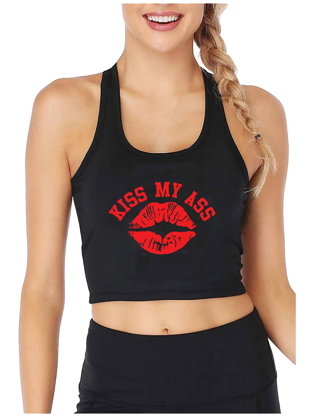 Kiss My Ass Design Cotton Sexy Slim Fit Crop Top Women's Sports Fitness Workout Tank Tops Hotwife Humorous Flirtation Camisole