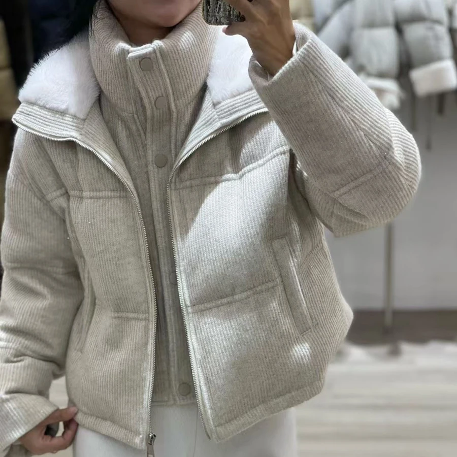 Women's Goose Down Jackets Short Black Puffer Coat Cashmere Down Coat With Zipper Fashion Winter Warm Jacket