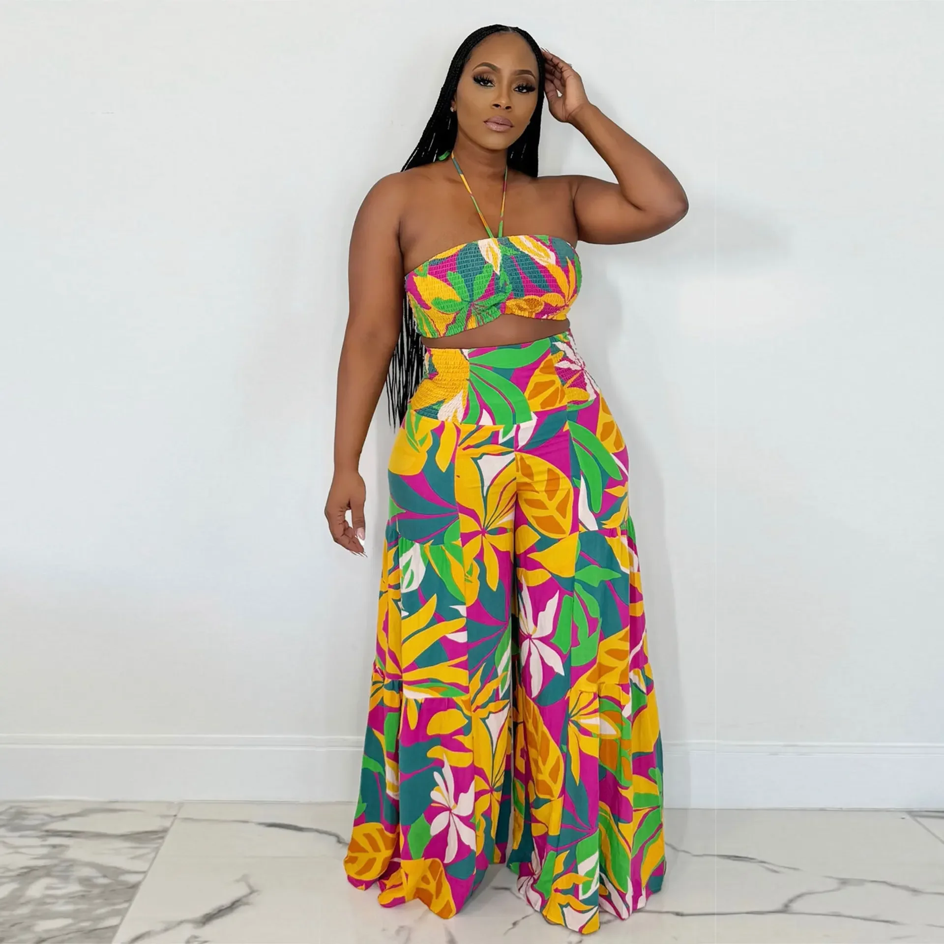 Floral Printed Women's Set Sleeveless Halter Crop Top and Wide Leg Pants 2024 Beach Holiday Two 2 Piece Sets Outfits