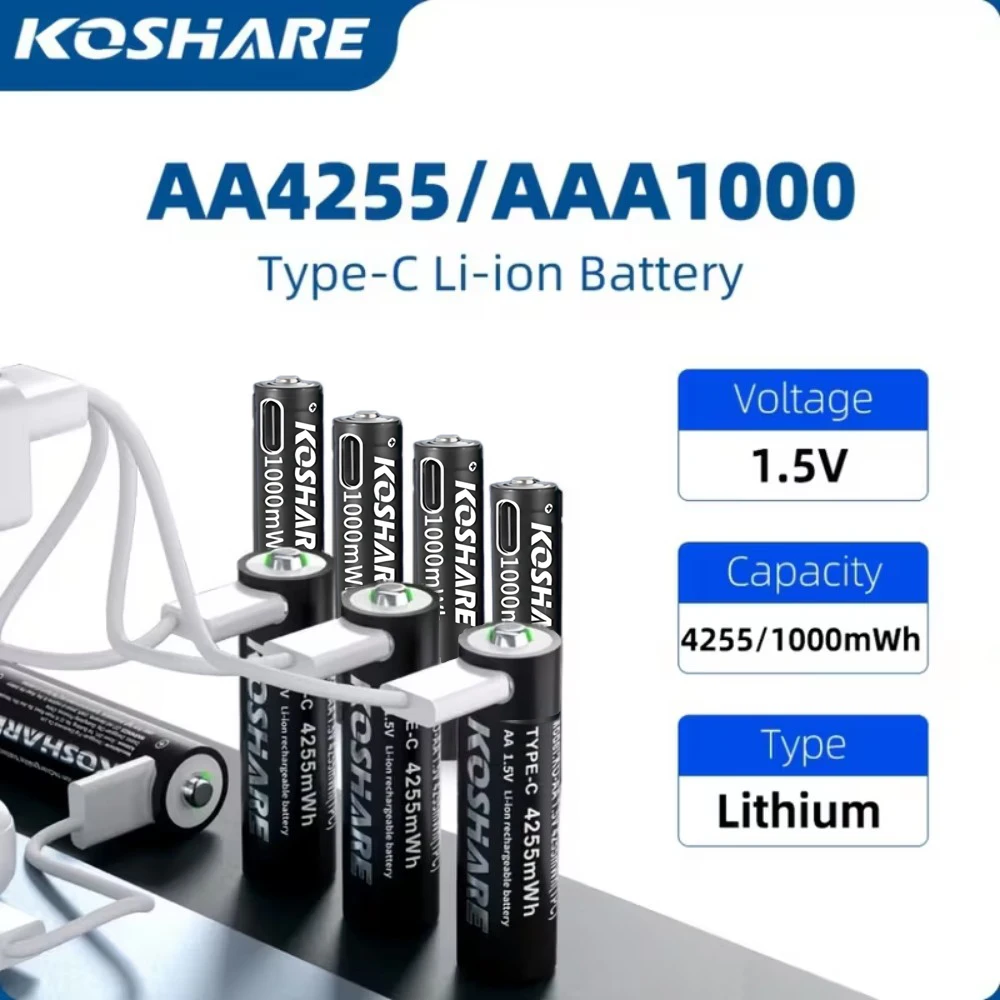 

KOSHARE 1.5V AAA/AA 4255mWh1000mWh Rechargeable Battery USB Type-C Rechargeable Li-ion Battery For remote control +Type-C Cable